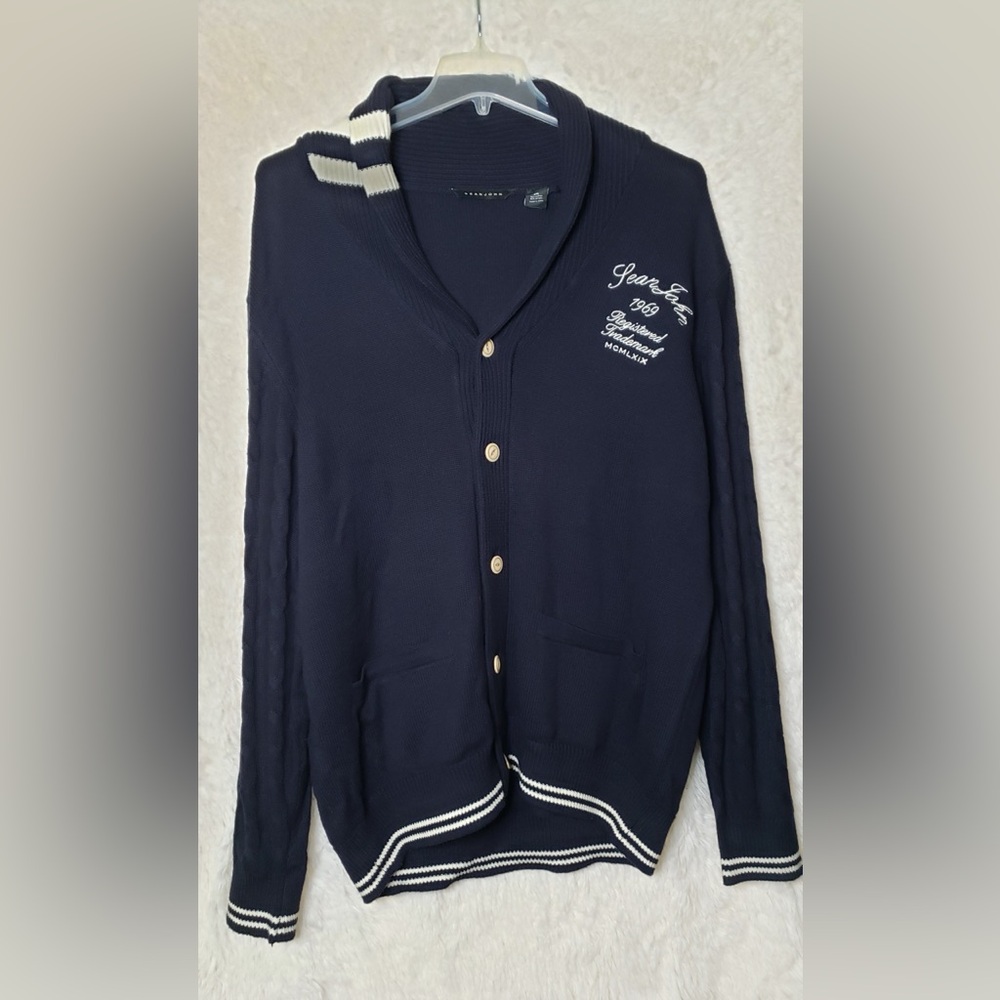 Vintage Sean John Navy Cardigan with Embroidered White Accents Size 2XL